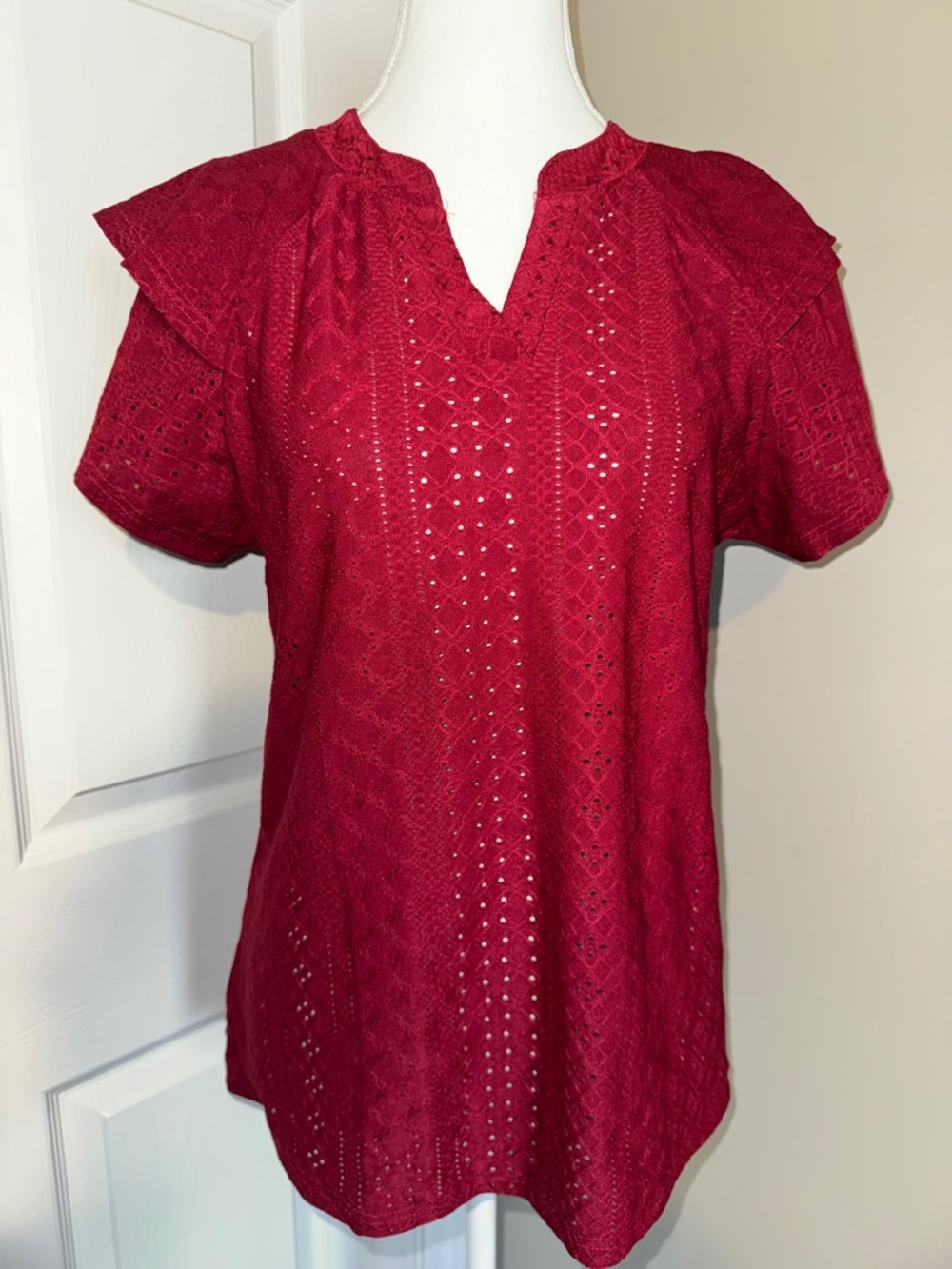 Eyelet Notched Flutter Sleeve V-Neck Top Blouse V-neck wine color Whimsical Med‎